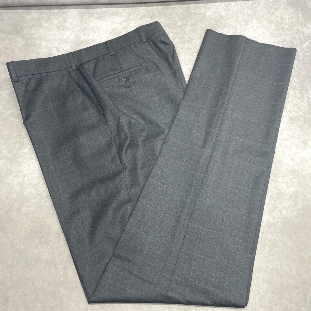 Jos A Bank Traveler Men 39x38 No Hem Tailored Fit 100% Wool Dark Gray Windowpane